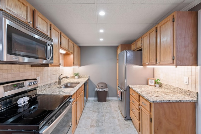 842 Shun Pike, Cottontown, TN 37048 - kitchen with appliances with stainless steel finishes, a sink, baseboards, light stone counters, and recessed lighting
