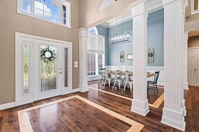 842 Shun Pike, Cottontown, TN 37048 - entrance foyer featuring ornate columns, a towering ceiling, dark wood-style flooring, and plenty of natural light