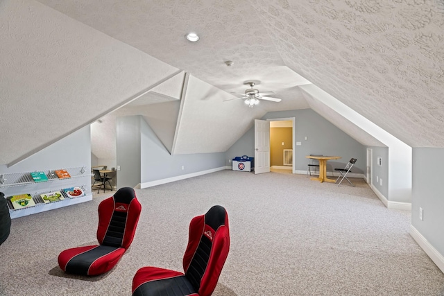 842 Shun Pike, Cottontown, TN 37048 - game room featuring a textured ceiling, carpet flooring, lofted ceiling, baseboards, and a ceiling fan