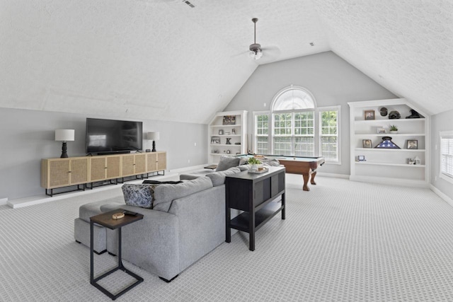 842 Shun Pike, Cottontown, TN 37048 - carpeted living area featuring a textured ceiling, built in features, baseboards, lofted ceiling, and pool table