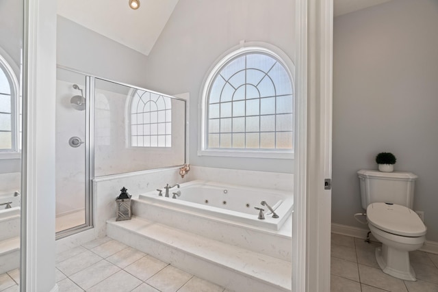 842 Shun Pike, Cottontown, TN 37048 - full bath featuring a jetted tub, a stall shower, tile patterned floors, vaulted ceiling, and toilet