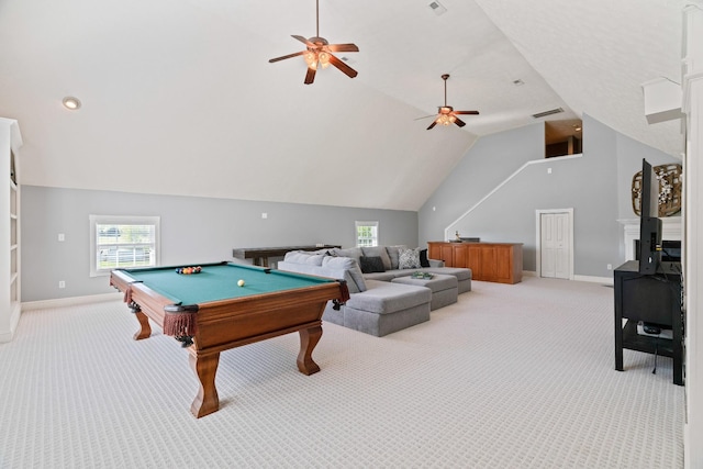 842 Shun Pike, Cottontown, TN 37048 - recreation room featuring light colored carpet, ceiling fan, lofted ceiling, and plenty of natural light