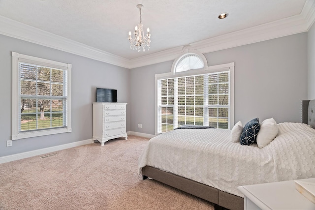 842 Shun Pike, Cottontown, TN 37048 - bedroom with ornamental molding, a chandelier, light carpet, and baseboards