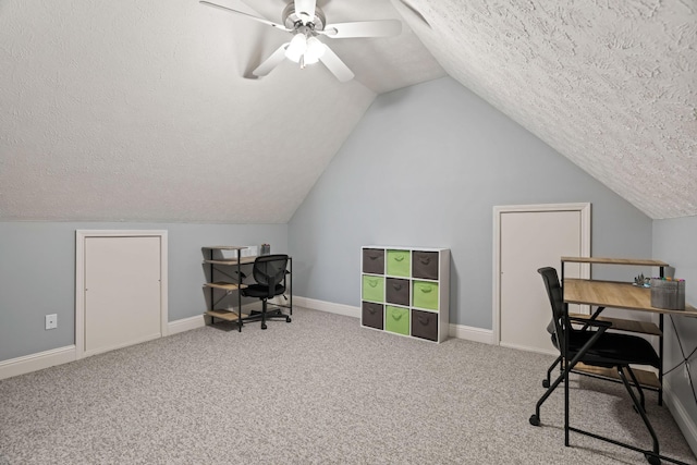 842 Shun Pike, Cottontown, TN 37048 - office area featuring a textured ceiling, vaulted ceiling, carpet, ceiling fan, and baseboards