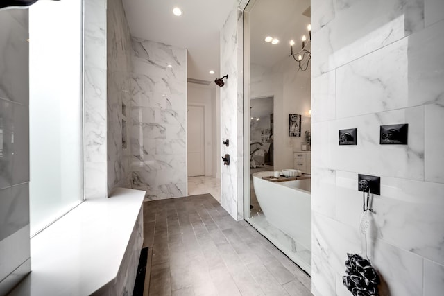 407 Hogans Branch Rd, Goodlettsville, TN 37072 - full bath featuring a freestanding bath, recessed lighting, and a marble finish shower