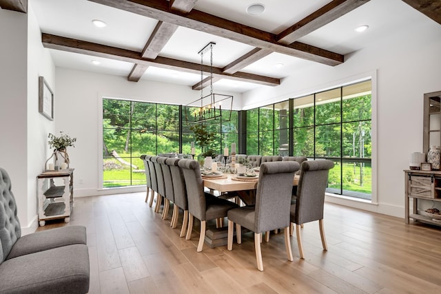 407 Hogans Branch Rd, Goodlettsville, TN 37072 - dining area featuring beam ceiling, light wood finished floors, baseboards, coffered ceiling, and a chandelier