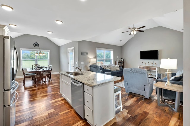 4717 Lunns Store Rd, Chapel Hill, TN 37034 - kitchen featuring stainless steel appliances, vaulted ceiling, a sink, white cabinets, and ceiling fan