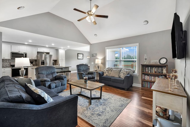 4717 Lunns Store Rd, Chapel Hill, TN 37034 - living area featuring a ceiling fan, high vaulted ceiling, wood finished floors, and baseboards