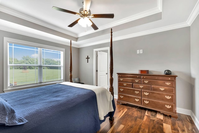4717 Lunns Store Rd, Chapel Hill, TN 37034 - bedroom with a tray ceiling, dark wood-type flooring, ornamental molding, baseboards, and ceiling fan