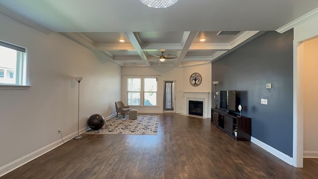 213 Rosemary Way, Mount Juliet, TN 37122 - unfurnished living room with a ceiling fan, baseboards, dark wood finished floors, beam ceiling, and a fireplace with flush hearth