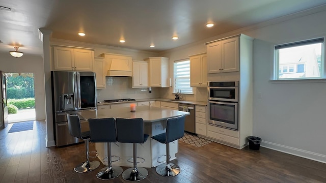 213 Rosemary Way, Mount Juliet, TN 37122 - kitchen featuring appliances with stainless steel finishes, a sink, premium range hood, a center island, and dark wood-style flooring