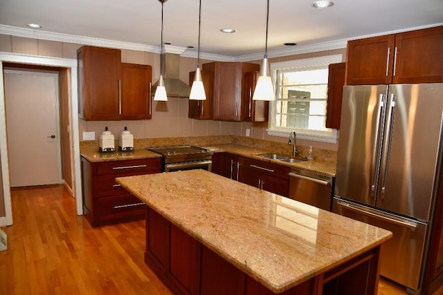 1314 Burton Valley Rd, Nashville, TN 37215 - kitchen featuring appliances with stainless steel finishes, a sink, wall chimney range hood, a center island, and crown molding