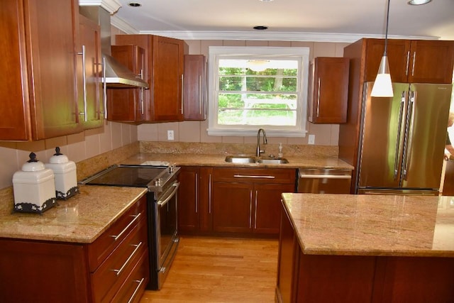 1314 Burton Valley Rd, Nashville, TN 37215 - kitchen with appliances with stainless steel finishes, a sink, brown cabinets, wall chimney range hood, and crown molding