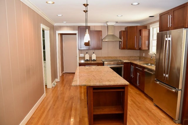 1314 Burton Valley Rd, Nashville, TN 37215 - kitchen with stainless steel appliances, wall chimney exhaust hood, open shelves, a kitchen island, and pendant lighting