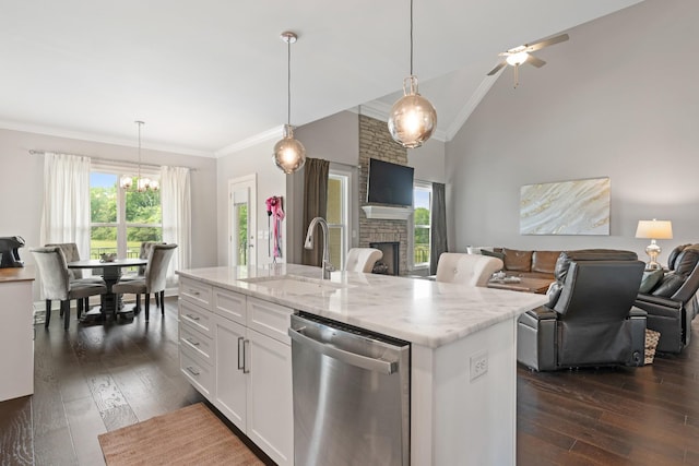 290 Academy Rd, Lebanon, TN 37087 - kitchen with dishwasher, a sink, ornamental molding, open floor plan, and dark wood finished floors