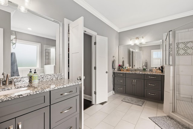 290 Academy Rd, Lebanon, TN 37087 - bathroom featuring a shower stall, ornamental molding, two vanities, and baseboards