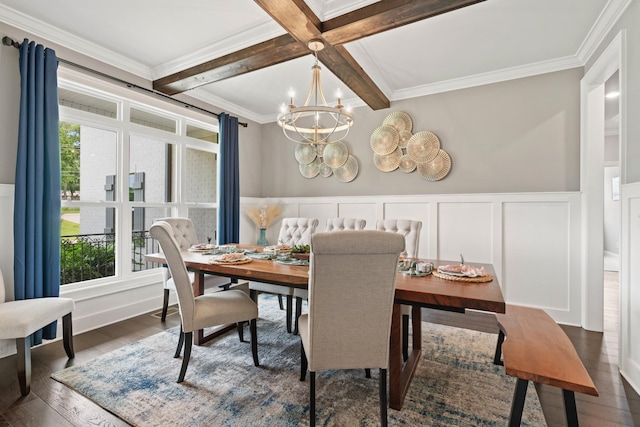 290 Academy Rd, Lebanon, TN 37087 - dining area featuring healthy amount of natural light, a chandelier, beam ceiling, crown molding, and dark wood finished floors