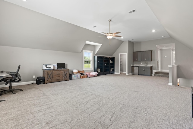 290 Academy Rd, Lebanon, TN 37087 - home office with lofted ceiling, baseboards, light colored carpet, a sink, and a ceiling fan