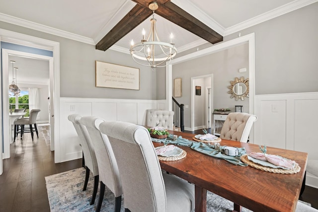 290 Academy Rd, Lebanon, TN 37087 - dining area featuring a chandelier, dark wood-type flooring, crown molding, beam ceiling, and wainscoting