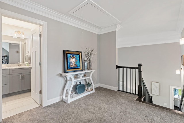 290 Academy Rd, Lebanon, TN 37087 - corridor with attic access, light colored carpet, crown molding, an upstairs landing, and baseboards