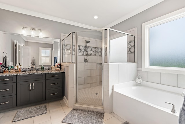 290 Academy Rd, Lebanon, TN 37087 - full bathroom with vanity, a bath, a shower stall, crown molding, and tile patterned flooring