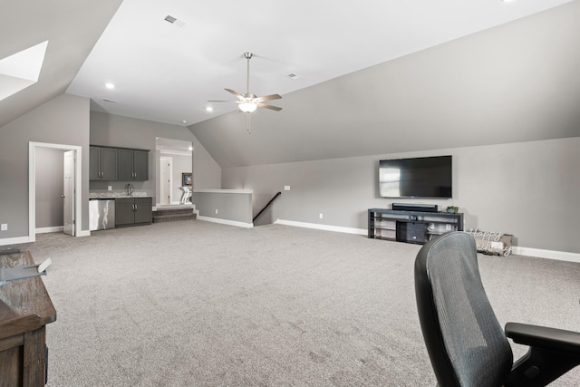 290 Academy Rd, Lebanon, TN 37087 - living area featuring vaulted ceiling, baseboards, light carpet, and a ceiling fan