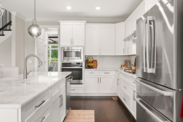290 Academy Rd, Lebanon, TN 37087 - kitchen with appliances with stainless steel finishes, a sink, dark wood finished floors, recessed lighting, and light stone countertops