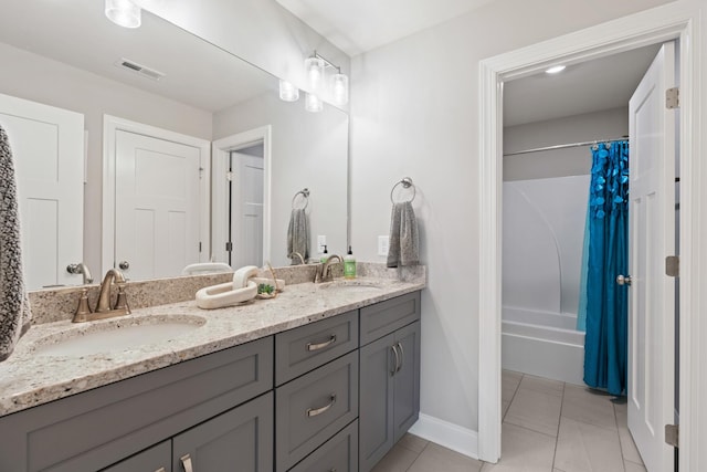 290 Academy Rd, Lebanon, TN 37087 - full bathroom featuring double vanity, shower / bath combination with curtain, tile patterned floors, and baseboards