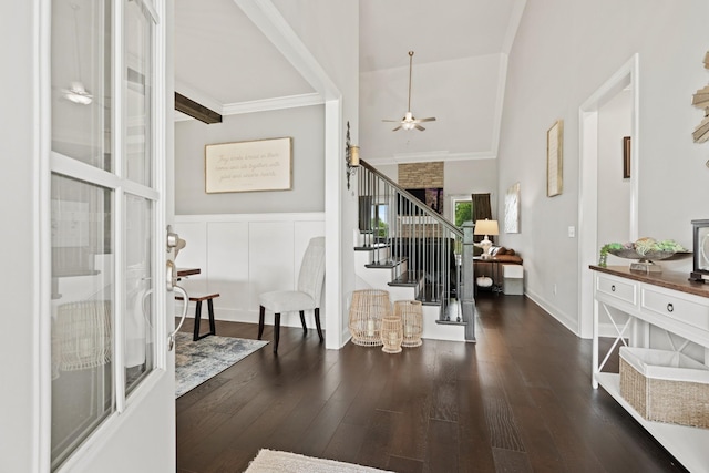 290 Academy Rd, Lebanon, TN 37087 - foyer entrance featuring a ceiling fan, stairway, wood finished floors, crown molding, and vaulted ceiling