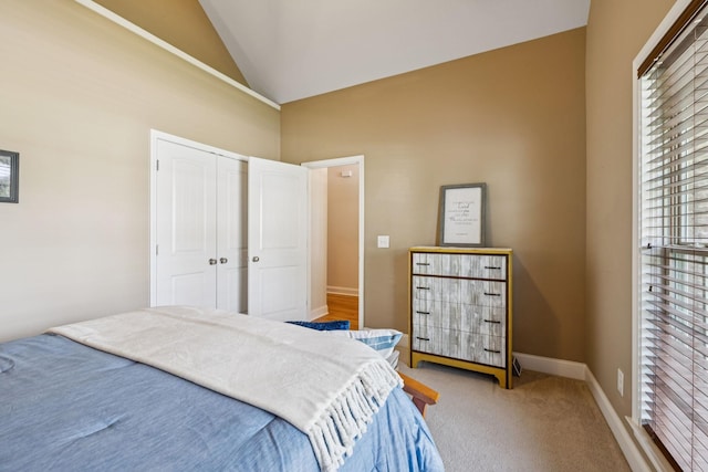 2090 Lequire Ln, Spring Hill, TN 37174 - bedroom featuring high vaulted ceiling, baseboards, carpet flooring, and a closet