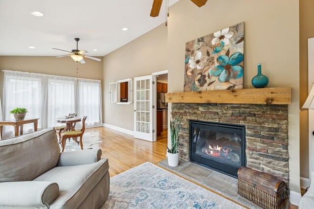 2090 Lequire Ln, Spring Hill, TN 37174 - living room featuring ceiling fan, baseboards, wood finished floors, a fireplace, and recessed lighting