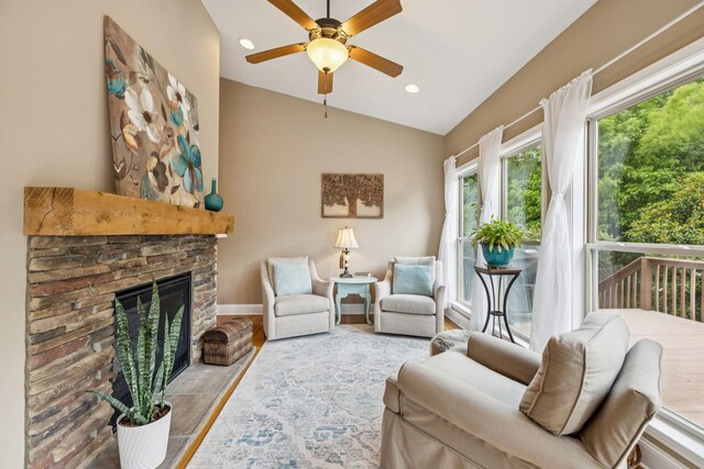 2090 Lequire Ln, Spring Hill, TN 37174 - living room with vaulted ceiling, ceiling fan, baseboards, a fireplace, and wood finished floors