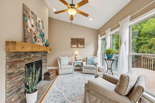 2090 Lequire Ln, Spring Hill, TN 37174 - living room featuring lofted ceiling, ceiling fan, baseboards, a fireplace, and wood finished floors