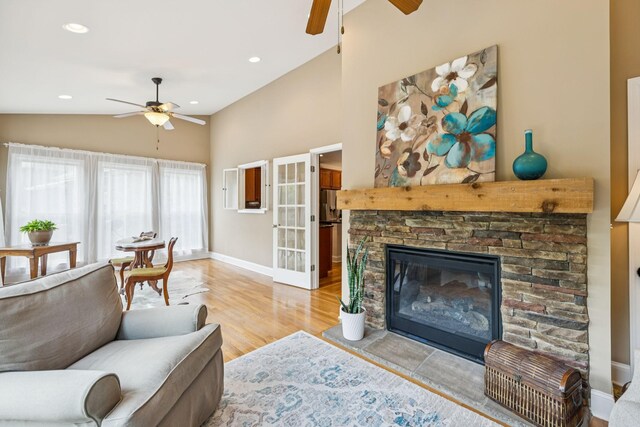 2090 Lequire Ln, Spring Hill, TN 37174 - living area with ceiling fan, baseboards, wood finished floors, a fireplace, and recessed lighting