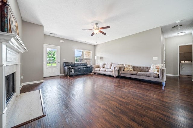 1426 Alamo Ave, Murfreesboro, TN 37129 - living room featuring a ceiling fan, hardwood / wood-style flooring, a high end fireplace, and baseboards