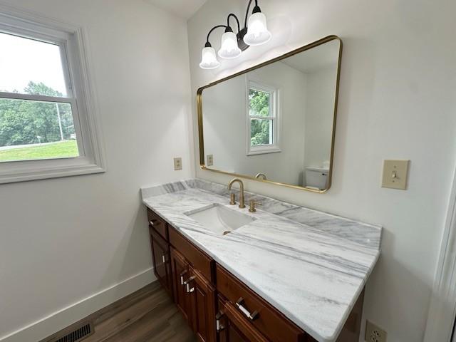 807 Poplar Dr, Centerville, TN 37033 - bathroom featuring vanity, baseboards, wood finished floors, a chandelier, and toilet