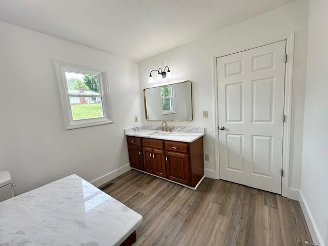 807 Poplar Dr, Centerville, TN 37033 - bathroom featuring vanity, wood finished floors, baseboards, and toilet