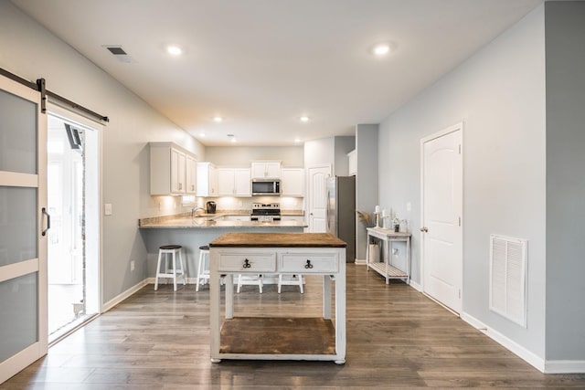 1110 Colonel Reuben Searcy Ct, Murfreesboro, TN 37129 - kitchen with stainless steel appliances, dark wood-style flooring, a peninsula, a barn door, and recessed lighting