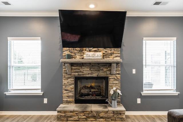 1110 Colonel Reuben Searcy Ct, Murfreesboro, TN 37129 - detailed view of wood finished floors, crown molding, baseboards, and a stone fireplace
