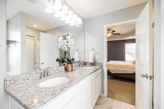 1110 Colonel Reuben Searcy Ct, Murfreesboro, TN 37129 - full bath with double vanity, connected bathroom, ceiling fan, marble finish floors, and a shower with door