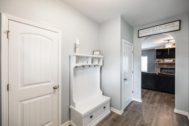 1110 Colonel Reuben Searcy Ct, Murfreesboro, TN 37129 - mudroom with dark wood finished floors, a fireplace, a ceiling fan, and baseboards