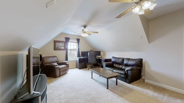 4015 Sleepyhollow Way, Mount Juliet, TN 37122 - living area with a ceiling fan, light carpet, an office area, lofted ceiling, and baseboards