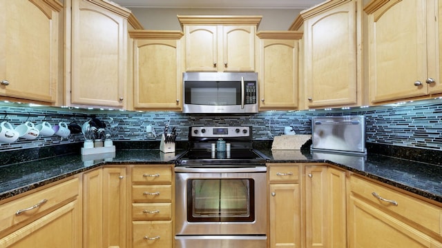 4015 Sleepyhollow Way, Mount Juliet, TN 37122 - kitchen featuring appliances with stainless steel finishes, light brown cabinetry, decorative backsplash, and dark stone counters