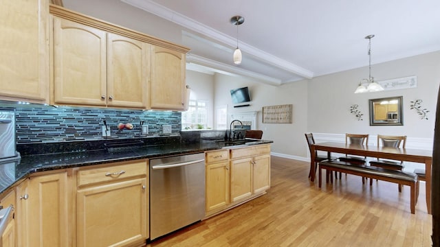 4015 Sleepyhollow Way, Mount Juliet, TN 37122 - kitchen with stainless steel dishwasher, light brown cabinets, a sink, light wood finished floors, and crown molding