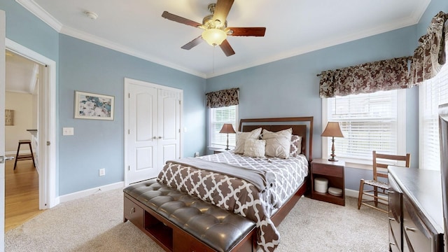 4015 Sleepyhollow Way, Mount Juliet, TN 37122 - bedroom featuring light carpet, baseboards, ornamental molding, a closet, and ceiling fan