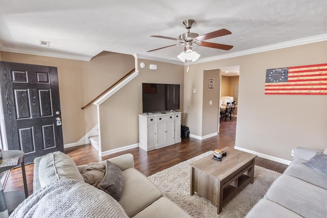 2541 Jackalope St, Murfreesboro, TN 37130 - living room featuring stairs, a ceiling fan, ornamental molding, dark wood-type flooring, and baseboards