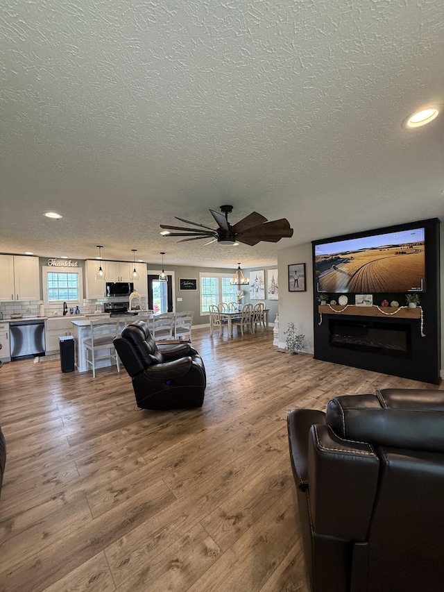 285 Shrum Ln, Lafayette, TN 37083 - living room with a textured ceiling, a ceiling fan, plenty of natural light, wood-type flooring, and recessed lighting