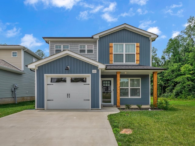 201 Quarry Overlook Way, Clarksville, TN 37043 - view of front of house featuring board and batten siding, a front yard, driveway, a porch, and an attached garage