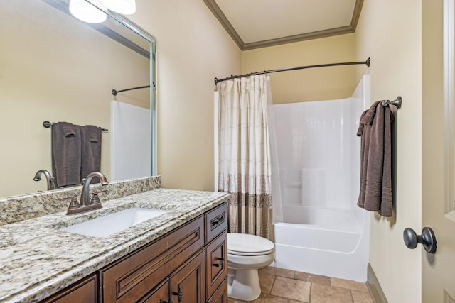 226 Hidden Harbour Dr, Mount Juliet, TN 37122 - bathroom featuring vanity, ornamental molding, toilet, shower / tub combo with curtain, and stone tile flooring