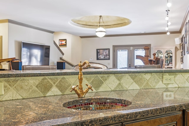 226 Hidden Harbour Dr, Mount Juliet, TN 37122 - kitchen featuring rail lighting, a sink, decorative backsplash, ornamental molding, and open floor plan